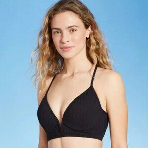 NEW Women's Lightly Lined V-Wire Ribbed Bikini Top - Shade & Shore Black 38D